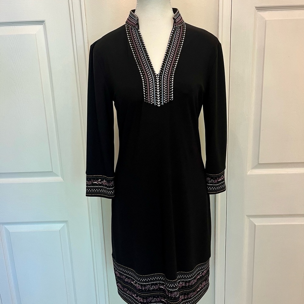White House Black Market Black Long Sleeve Dress with Embroidered Neckline